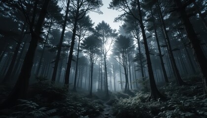 Fototapeta premium Mystical Foggy Forest Path Sunlight Through Tall Trees and Lush Greenery
