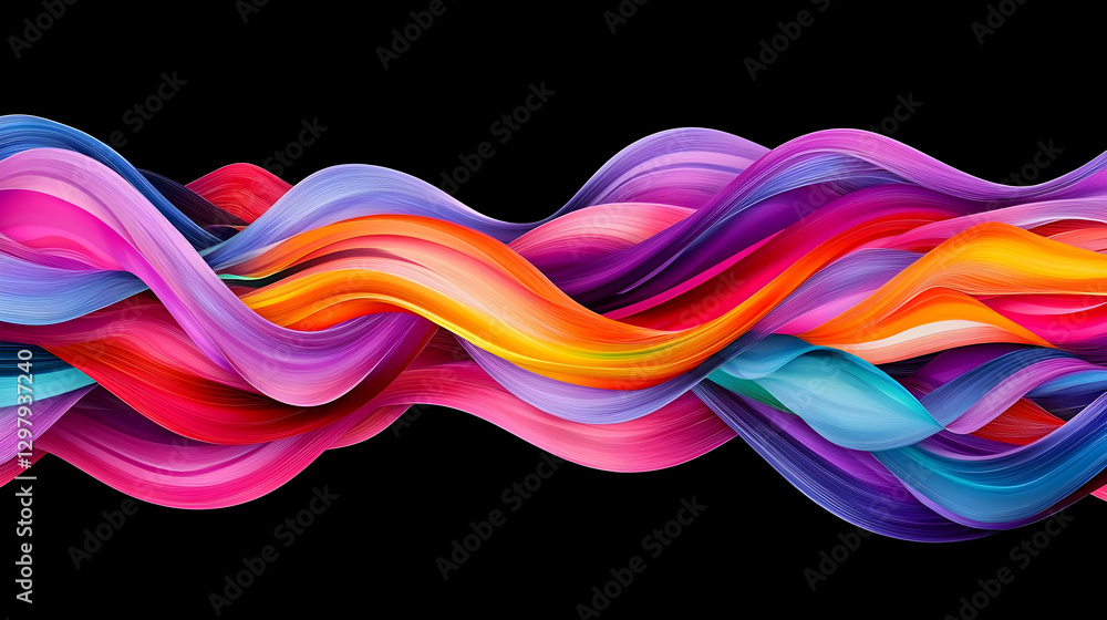 Poster abstract colorful wavy pattern with dynamic fluid swirls against black background