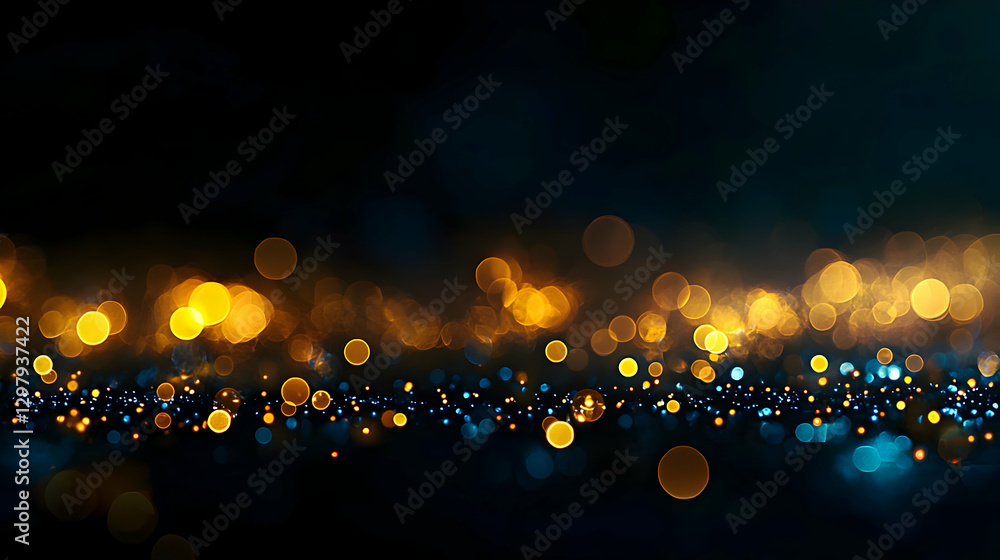 Poster defocused golden bokeh lights against a dark blue background creating a festive and elegant atmosphe