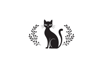 Black Cat Silhouette with Floral Wreath vector