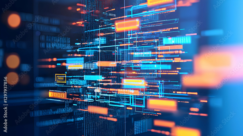 Poster abstract digital data network with blue orange glowing light and technology background