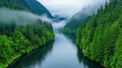 Serene River Flowing Through Lush Green Forests in Misty Landscape