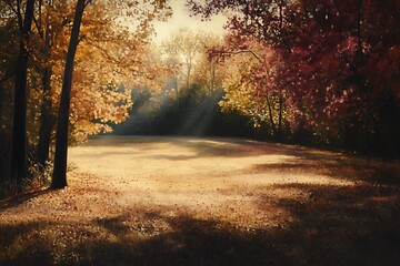 Naklejka premium A Serene Autumn Scene with Trees in Shades of Gold and Orange.