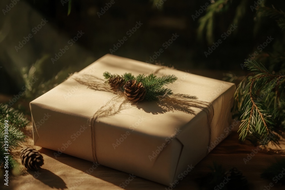 Poster gift wrapped in brown paper with pine cones and greenery during winter. generative ai