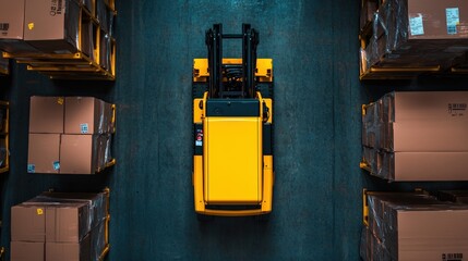 Forklift centered between stacked boxes in industrial warehouse, top down view