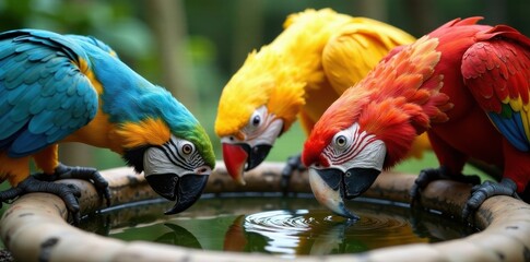 Colorful zoo animals drinking from a water bowl, watercolor, safari, animals