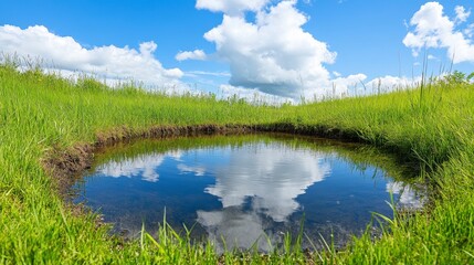 Serene Pond Reflecting Blue Sky and White Clouds in Lush Grassland