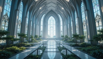 Serene Garden Interior Gothic Cathedral Hallway Sunlight Through Stained Glass Windows