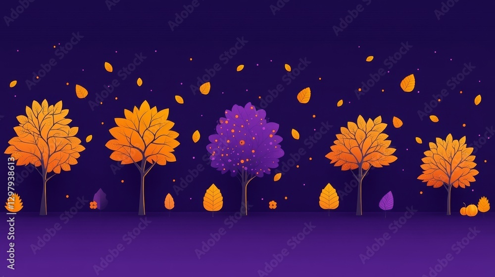 Poster enchanting pixel autumnal scene artistic depiction of trees with colorful falling leaves in a modern