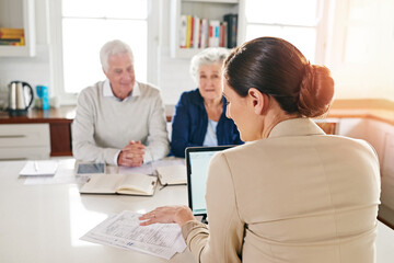 Old couple, financial advisor and laptop for consultation, planning and retirement home papers. Senior man, woman and meeting for pension fund, agent and documents for budget plan or investment