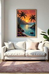 Cozy white living room with a large sofa and a vintage poster on the wall, sofa, white, minimalist