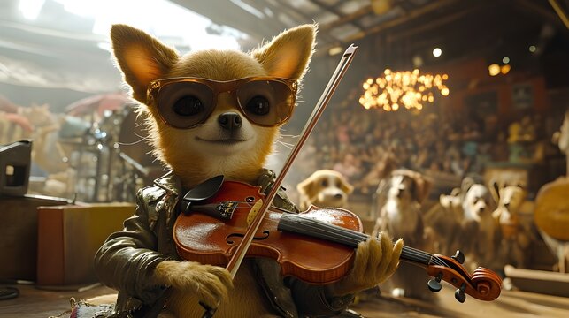 Cute small brown dog playing a toy guitar chivava play guitar 