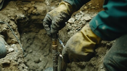 Manual Labor in Construction Site with Worker Handling Pipe