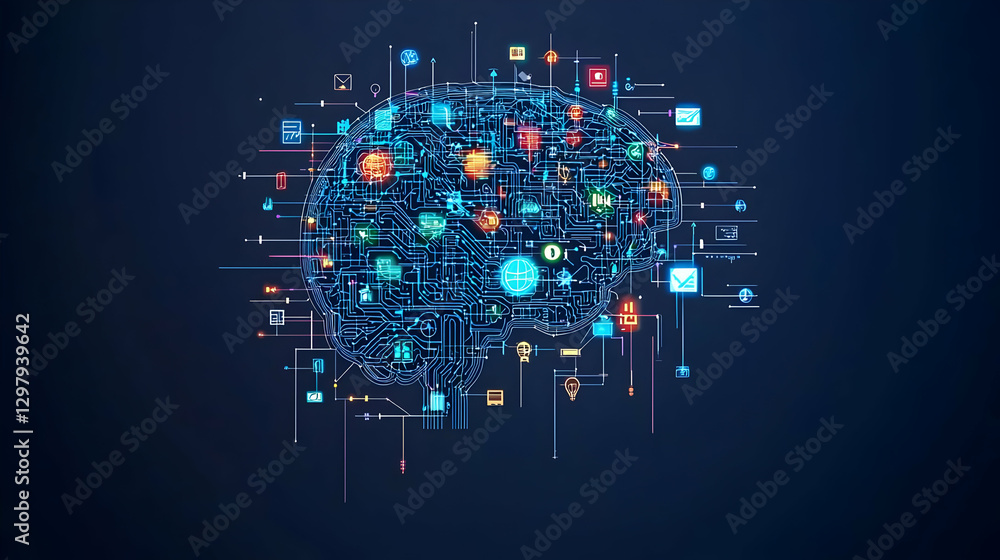 Poster abstract digital brain illustration representing artificial intelligence and modern technology on da
