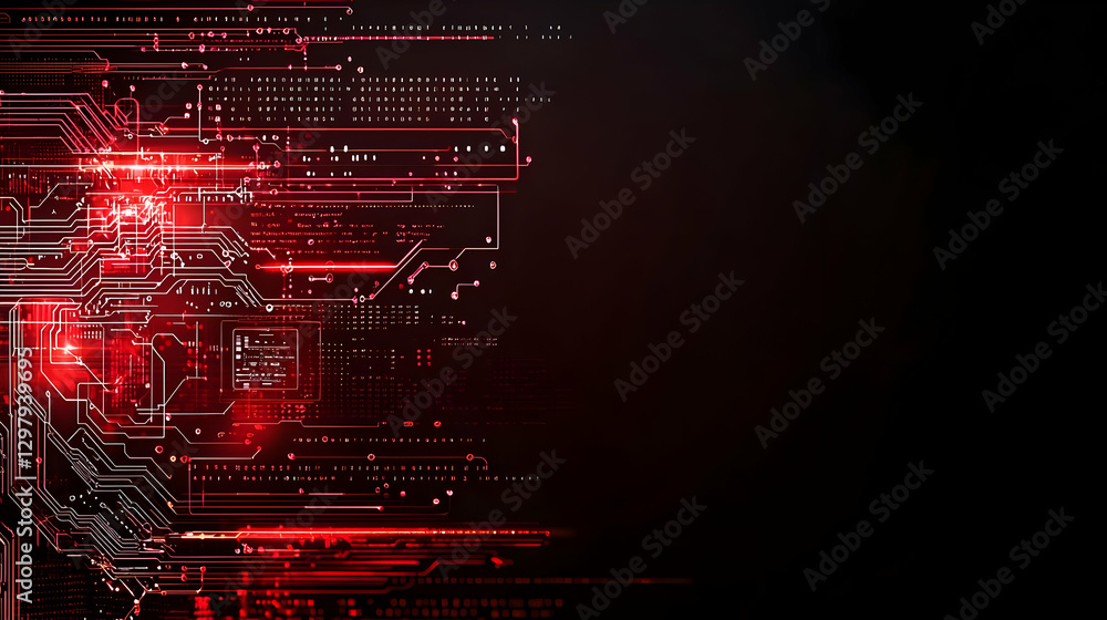 Poster abstract red circuitry and digital data design on black background