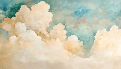 Obraz premium Watercolor painting of fluffy clouds in pastel yellow and blue hues.