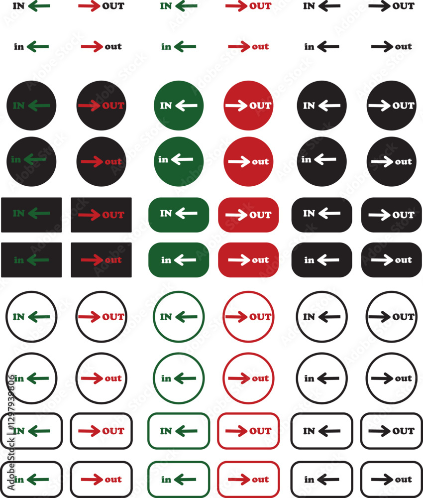 Poster in out arrow icons set. simple arrow big vector collection isolated on transparent background. red o