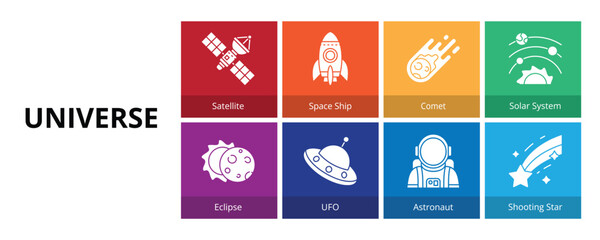Universe Glyph Solid Banner Web Icon Set Vector Illustration, Satellite Space Ship Comet Solar System Eclipse UFO Astronaut Shooting Star