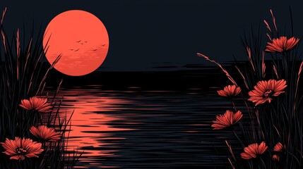 Tranquil pixelated seascape with fiery moon reflection and crimson blooms in the twilight evokes serene retro digital nature