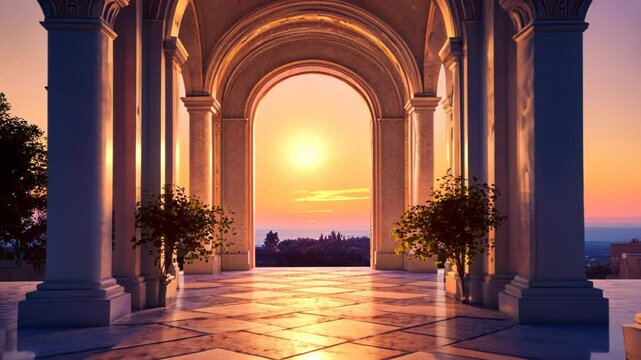 Architectural Vista, Serene Sunset Through a Classic Colonnade Structure