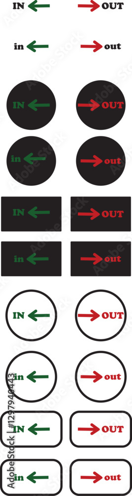 Poster in out arrow icons set. simple arrow big vector collection isolated on transparent background. red o