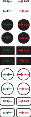 IN OUT arrow icons set. Simple arrow big vector collection isolated on transparent background. Red or green street sign with flat arrow pointing right and left signboard on road for pointing direction