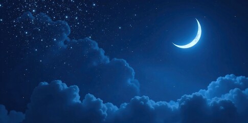 Fototapeta premium Dark blue background with scattered white and silver stars and a crescent moon shining bright , space, night sky, galaxy