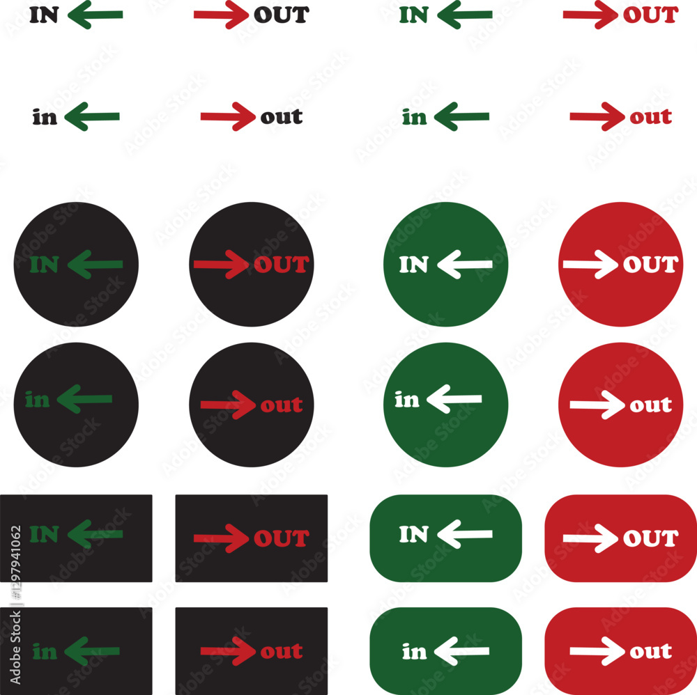 Poster in out arrow icons set. simple arrow big vector collection isolated on transparent background. red o