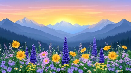 Fototapeta premium Tranquil mountainscape illustration with a vibrant wildflower meadow under an orange sunrise backdrop creating a serene vista
