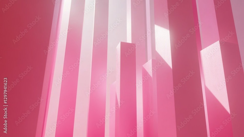 Poster stock image featuring an empty pedestal on a pink abstract background for product placement with a p