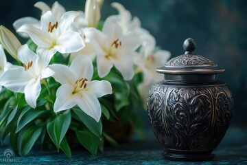 A urn with ashes among beautiful white lilies. A farewell ceremony filled with sorrow and peace, symbolizing eternal remembrance and love