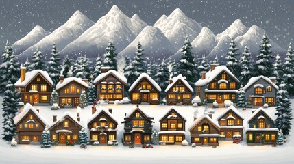 Serene snowy village scene with illuminated cabins nestled between frosted firs and majestic snowcapped mountain peaks creating a cozy winter wonderland
