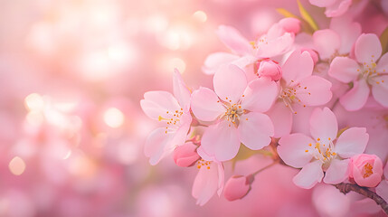 Obraz premium A close-up view of cherry blossom flowers with a dreamy pink backdrop.