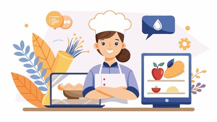 A former chef turned online influencer uses modern technology to connect with her audience, recording a video tutorial on using wheat flour in baking, showcasing culinary expertise.