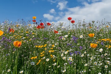 Obraz premium A Vibrant Field of Spring Flowers in Full Bloom Under the Sun.