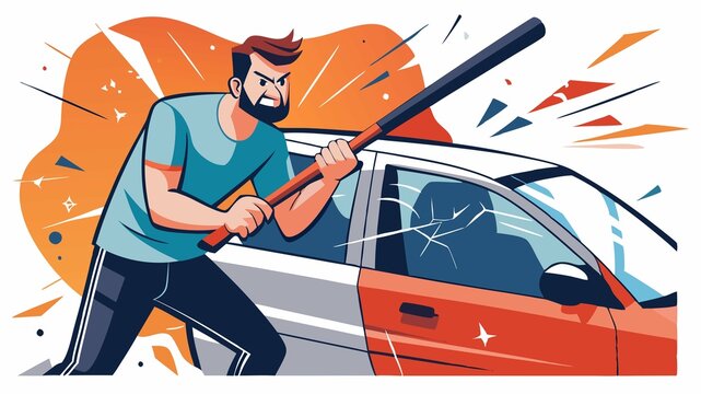 The destructive force of uncontrolled anger is powerfully depicted in this image of a man using a baseball bat to shatter a car's window, showcasing the violence of impulsive behavior.