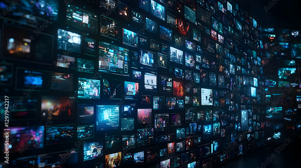 Poster dark wall of multiple screens displaying digital data and information in blue light