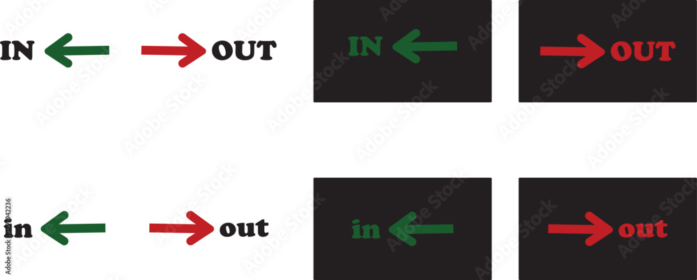 Poster in out arrow icons set. simple arrow big vector collection isolated on transparent background. red o