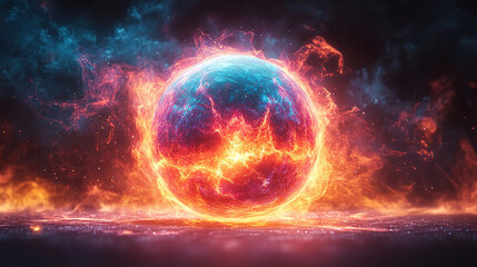 Abstract bright glowing background featuring a sphere core atom energy burning ball circle made of waves of energy rays and plasma with light, symbolizing futuristic energy and motion.

