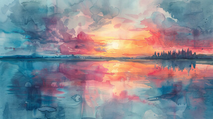 Vibrant Sunset Lake Reflection: Expressive Watercolor Landscape
