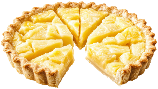 A sliced pineapple pie showing its juicy pineapple filling in each piece, resting on a transparent background. The pie crust is crisp, and the filling shines under soft lighting