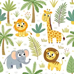 Adorable cartoon safari animals seamless pattern illustration with palm trees fun lion cute kids baby