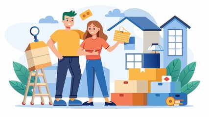 Amidst the chaos of moving boxes and a ladder, the hands of a young couple hold the keys to their new apartment and a house-shaped keychain, symbolizing their successful home purchase.