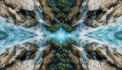 Abstract Nature Kaleidoscope Serene Waterfall and Lush Green Forest Mandala Design