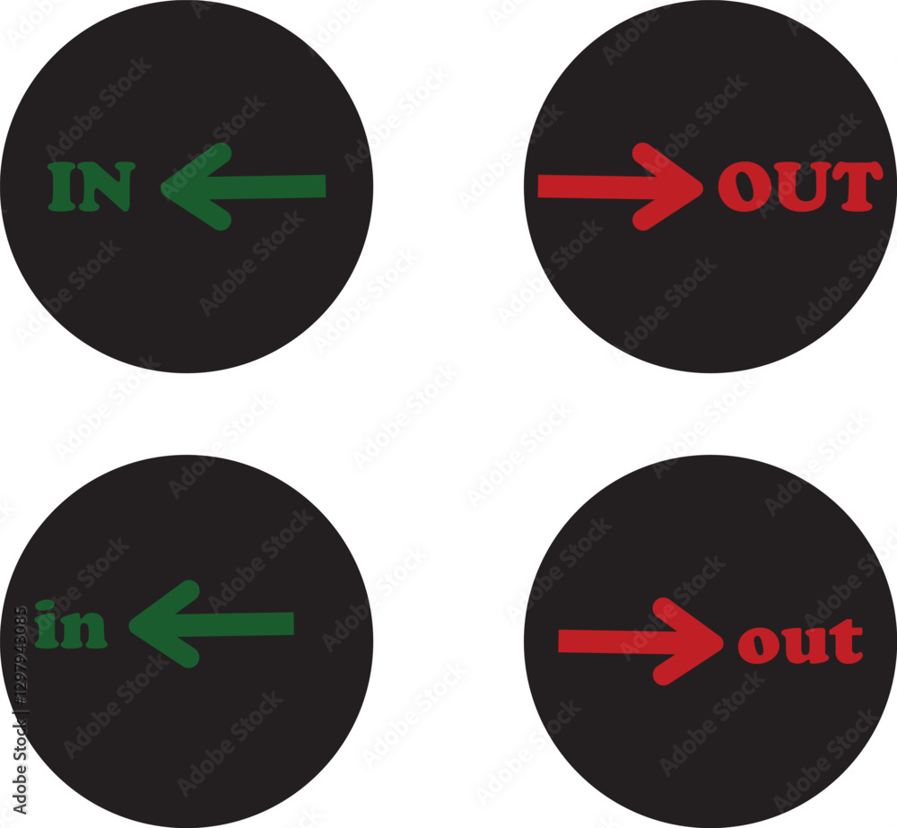 Poster in out arrow icons set. simple arrow big vector collection isolated on transparent background. red o
