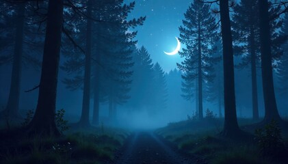 Fototapeta premium Dark, misty forest with white stars and crescent moon shining through trees, forest, night, mist