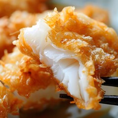 Crisp Tempura-Fried Fish with Tender White Meat in Macro Closeup