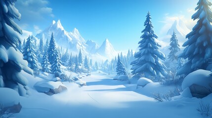 Fototapeta premium Serene winter landscape with snow covered mountains and pine trees in peaceful arctic scenery under a clear blue frosty sky