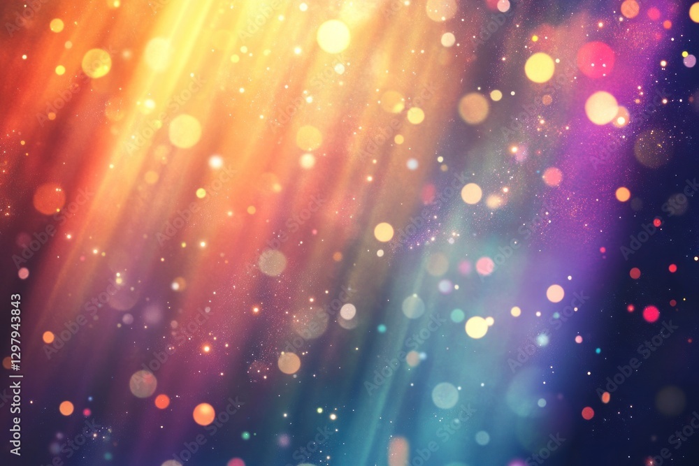 Poster colorful bokeh lights background with sparkles and rays.
