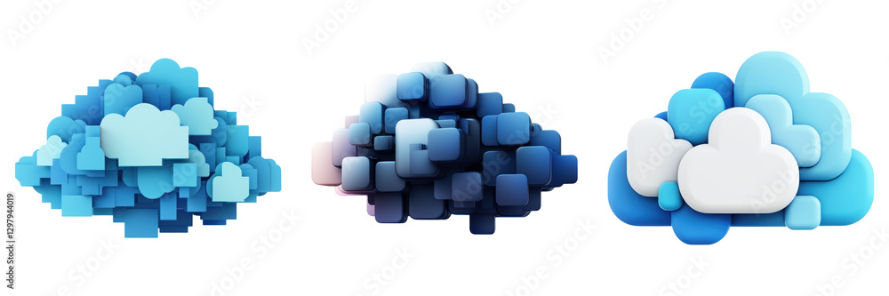 Poster digital clouds in various shapes and shades of blue, representing data and technology